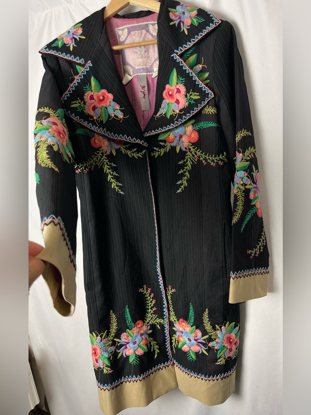 Biya Johnny was M Black in Pinstripe Floral Embroidered Long Jacket Coat 3 Butto